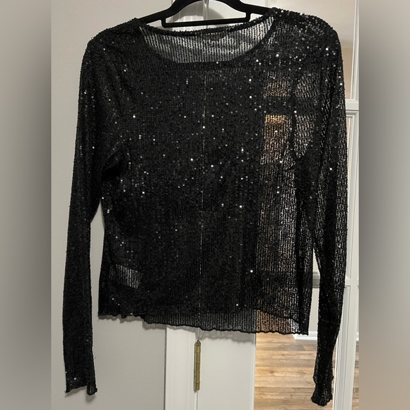 Lucky Brand Black Sequin Sheer Blouse size L EUC - Picture 7 of 11